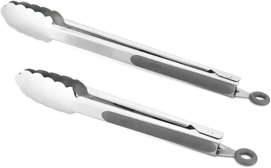 304 Stainless Steel Kitchen Cooking Tongs, 9" and 12" Set of 2 Sturdy Grilling Barbeque Brushed Locking Food Tongs with Ergonomic Grip, Grey