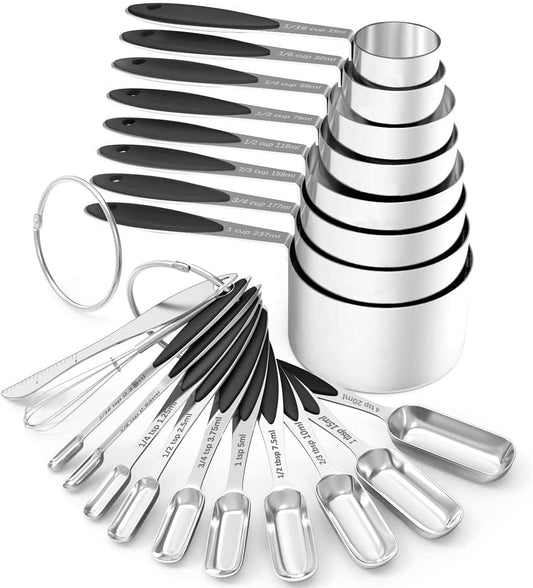 Measuring Cups and Spoons - Wildone Stainless Steel 20 Piece Stackable Set, Includes 8 Black Measuring Cups, 10 Measuring Spoons, 1 Leveler & 1 Whisk, for Dry and Liquid Ingredient