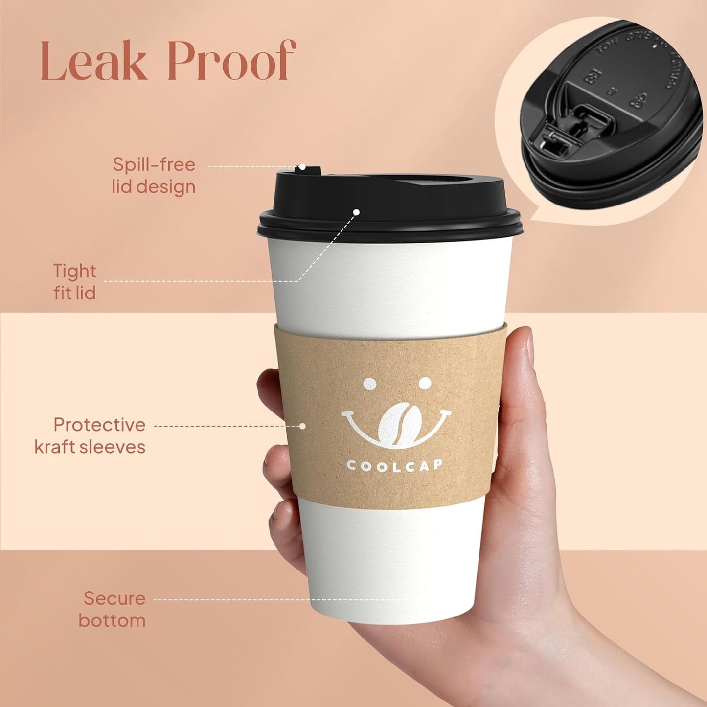 Coffee Cups with Lids and Sleeves, 16 oz 50 pack To Go Cups with Lids, Paper Hot Coffee Cups for Hot & Cold Beverage (White, 16 oz)