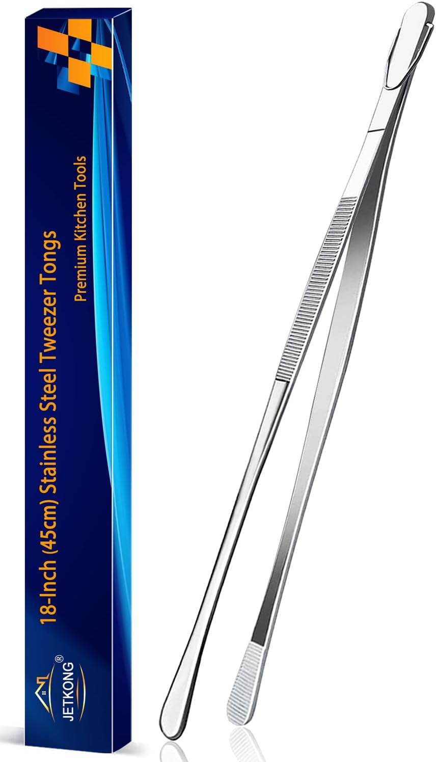 JETKONG 18 Inch (45cm) Extra Long Grill Tongs, Heavy Duty Stainless Steel Tweezer Tongs for Cooking, Grilling, Barbecue/BBQ, Buffet and Turning Food (Round Tips)