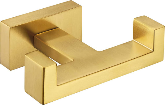 Suyar Double Towel Hook Brushed Gold, SUS304 Stainless Steel Square Coat Robe Holder, Bathroom Kitchen Towel Hanger, Wall Mounted