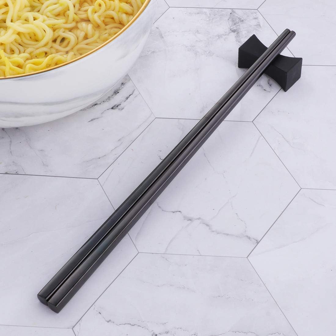 Buyer Star 5-Pair Stainless Steel Black Metal Reusable Chinese Square Chopsticks