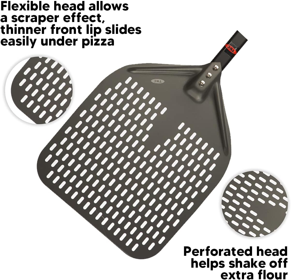 TKC Perforated Pizza Peel - 12" Metal Pizza Turner compatible with All Ovens, Indoor & Outdoor Use, Durable and Heat-Resistant Handle, Lightweight Pizza Spatula (Black)