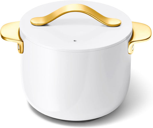 Caraway Petite Cooker - 2 Qt Ceramic Coated Pot - Free From Forever Chemicals - Perfect for Rice, Grains, or Sauces - White