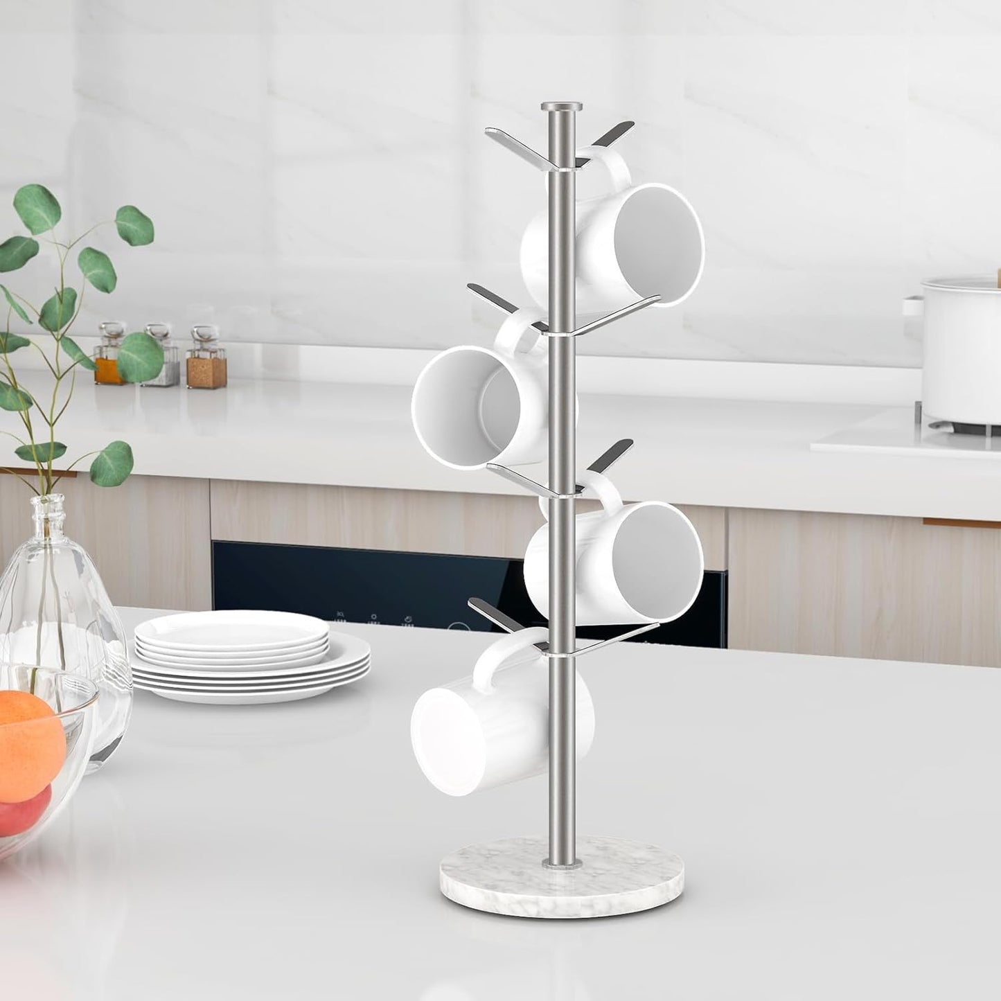 Marble Mug Holder Tree, 8 Hooks Brushed Nickel Coffee Cups Stand, New Upgraded Stable Mug Stand for Kitchen Counter Cabinet Cafe