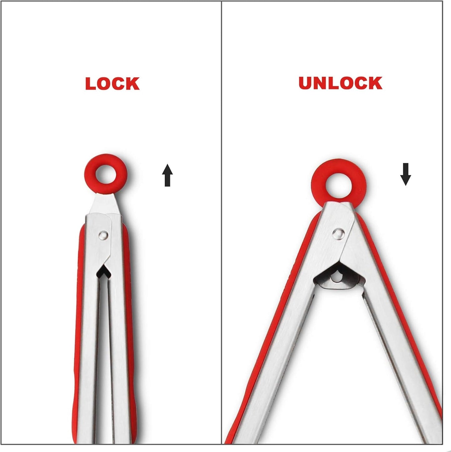 304 Stainless Steel Kitchen Cooking Tongs, 9" and 12" Set of 2 Sturdy Grilling Barbeque Brushed Locking Food Tongs with Ergonomic Grip, Red