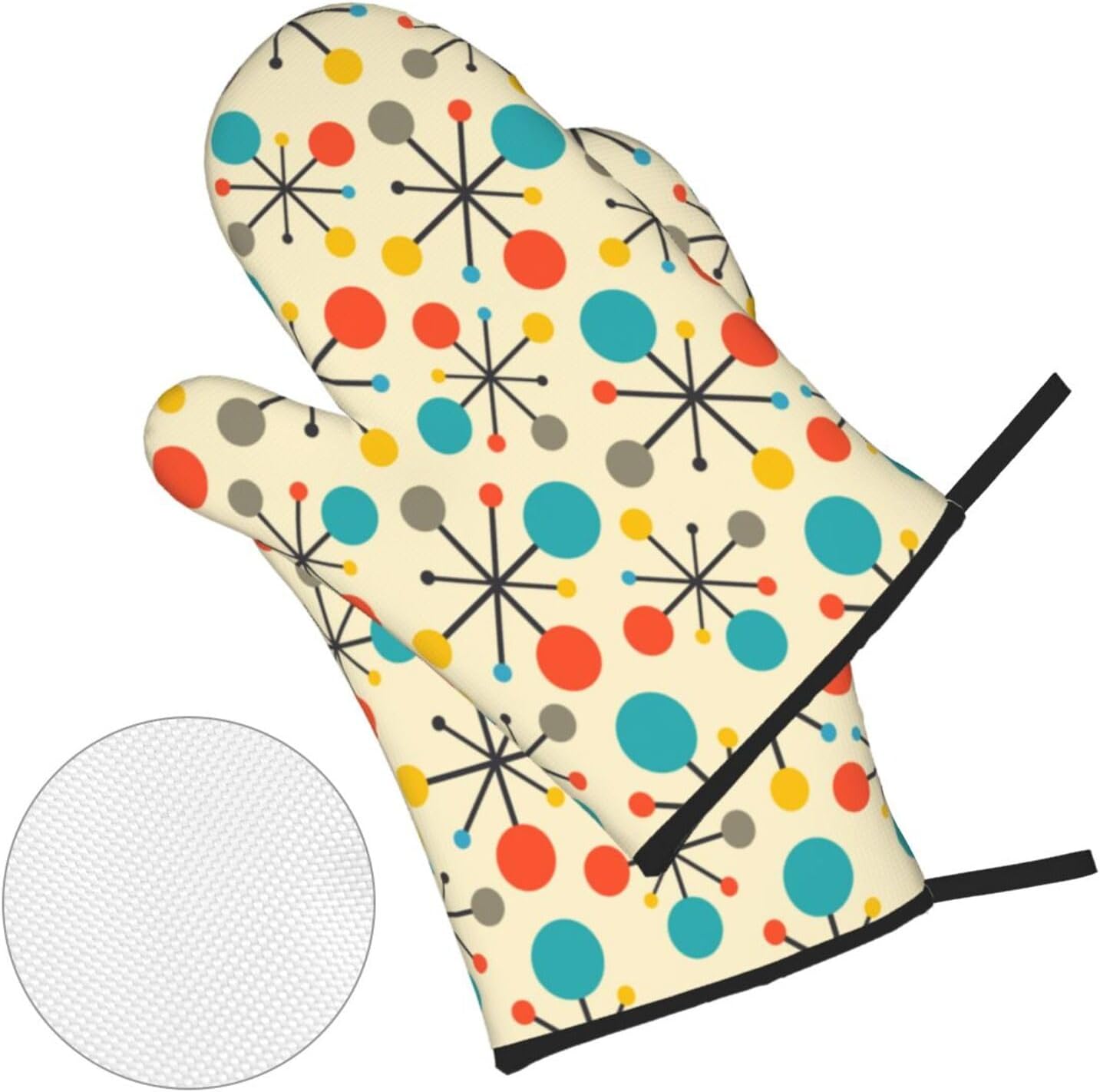Mid Century Fifties Modern Atomic Retro Colors Oven Mitts and Pot Holders Sets of 4 High Heat Resistant Oven Mitts with Oven Gloves and Hot Pads Polyester Potholders for Kitchen Cooking Mitts