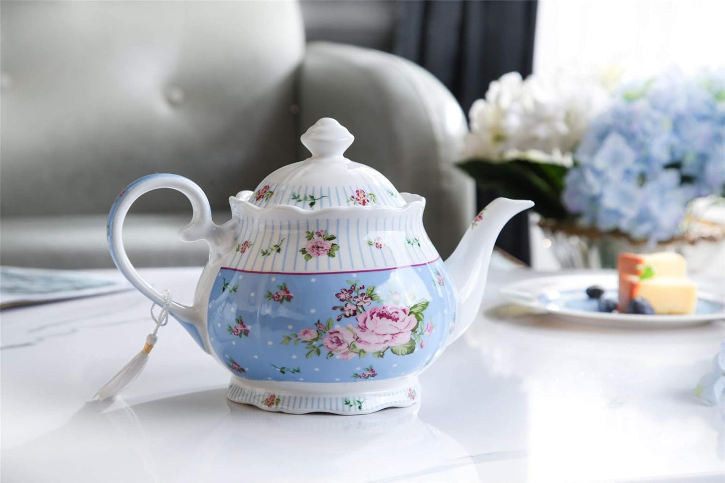 London Boutique Porcelain Teapot Sugar Bowl and Cream Milk Jug Shabby Chic Vintage Floral in Gift box 40oz (Teapot Rose Blue)