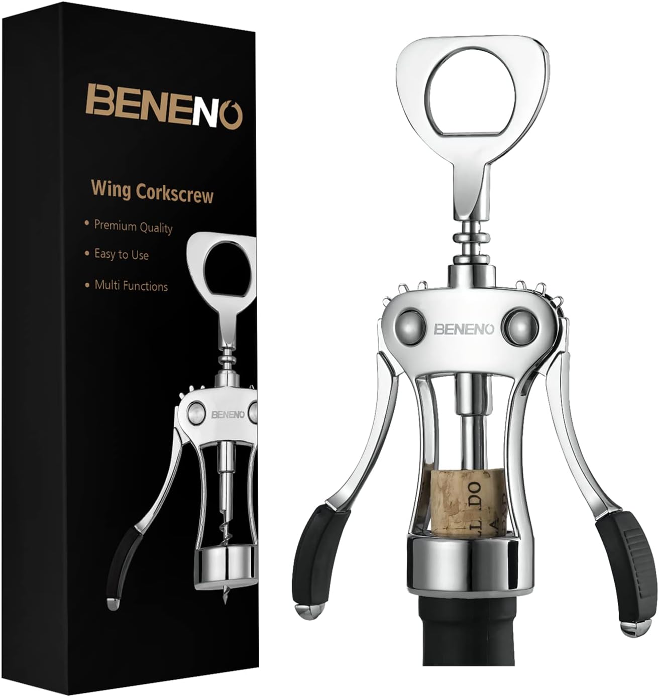 Beneno Wine Opener, Zinc Alloy Premium Wing Corkscrew with Multifunctional Bottles Opener, Sharp Wine Corkscrew with Ergonomic Non-Slip Wing Handle, Upgrade