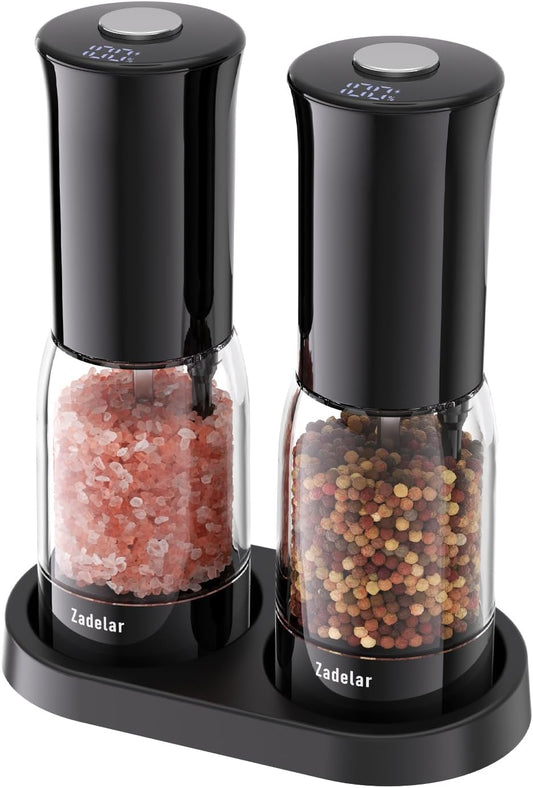 Electric Salt and Pepper Grinder Shakers Set with LED Power Display-Rechargeable-No Battery Needed-Automatic Salt Pepper Mill Grinder,LED Adjustable Coarseness,LED Light,One-Hand Operation