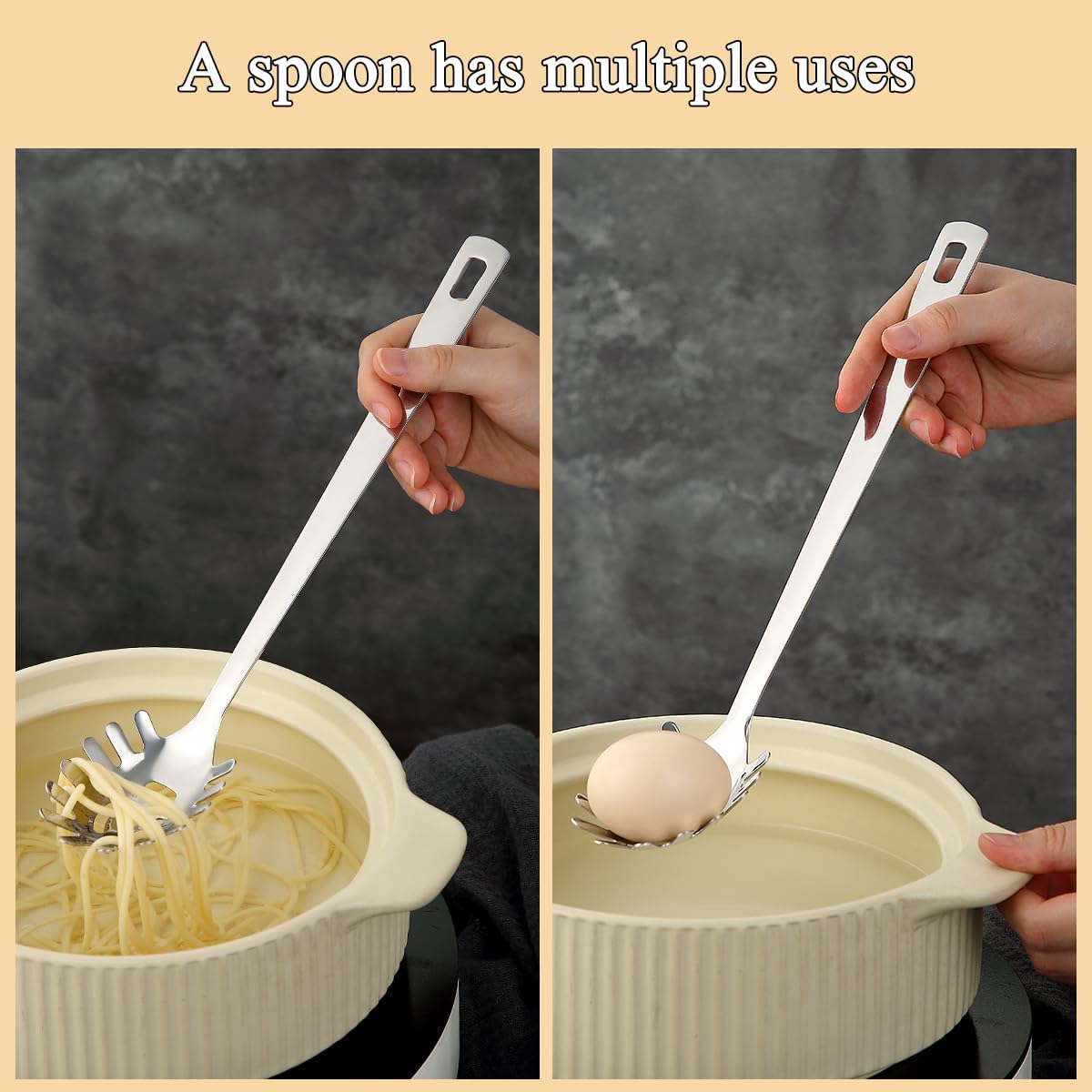 Spaghetti Spoon, ReaNea Pasta Server, Stainless Steel Pasta Spoon with Teeth, One-Piece Metal Pasta Fork, Noddle Fork Kitchen Utensils, Heat Resistant, Dishwasher Safe, Easy to Clean