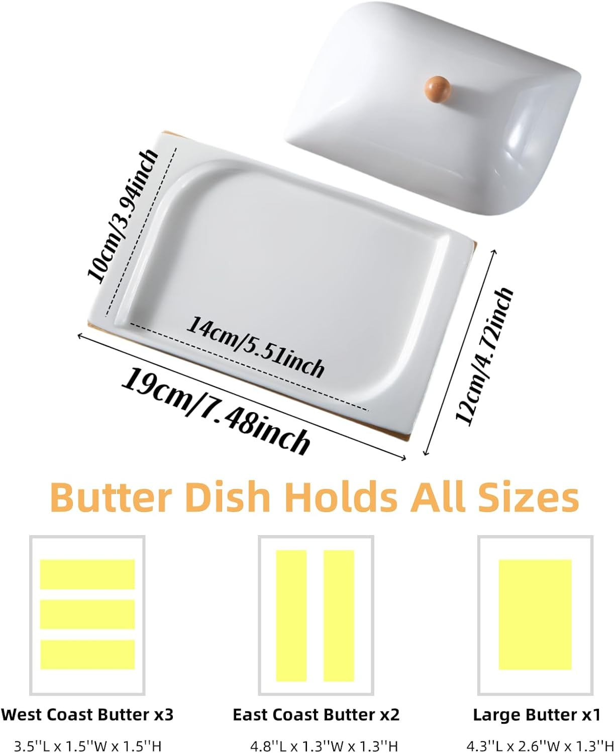 HAN SHENG Ceramic Butter Dish with Bamboo Tray & Lid - Butter Keeper Holder for Countertop, Fits East/West Coast & Large Sticks, Kitchen & Table Decor Gift