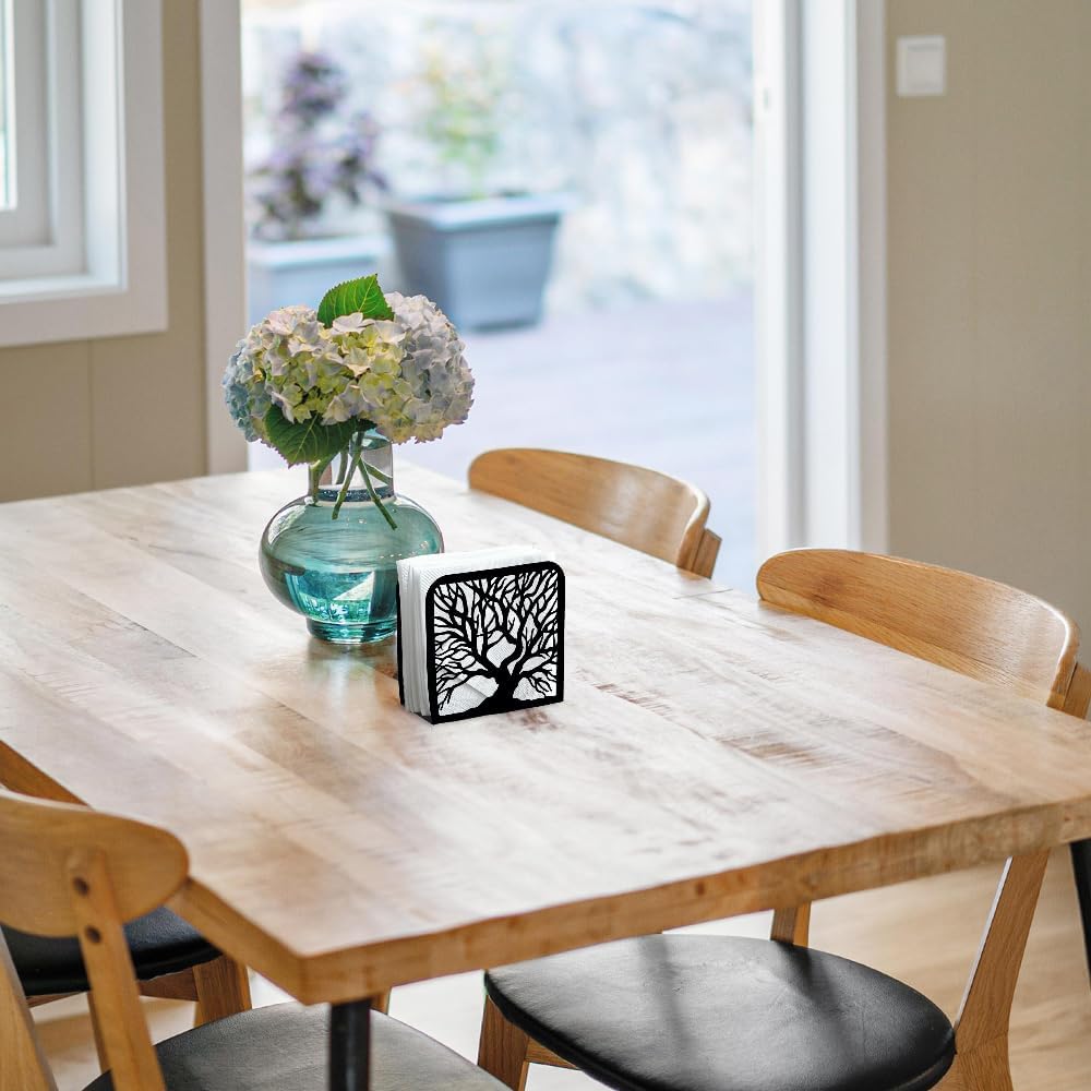 Tree Trunk Decorative Black Metal Napkin Holder for Table, 4.9" x 4.9" x 1.9" Standing Napkin Holder for Home Kitchen Restaurant Picnic Party Coffee Bar Dining Room
