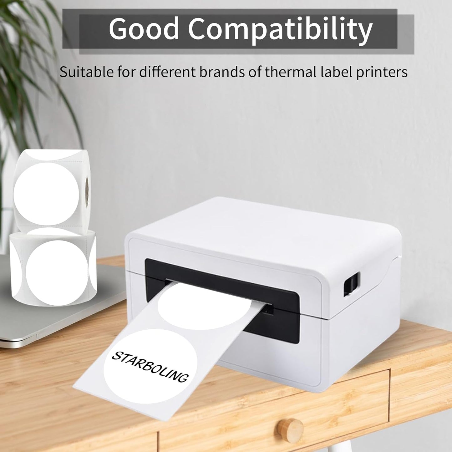 starboling Thermal Labels,2 Inch White Round Thermal Printer Stickers,Self-Adhesive Round Direct Thermal Labels,Thermal Stickers for DIY Logo Design,Name Tag (500/Roll）