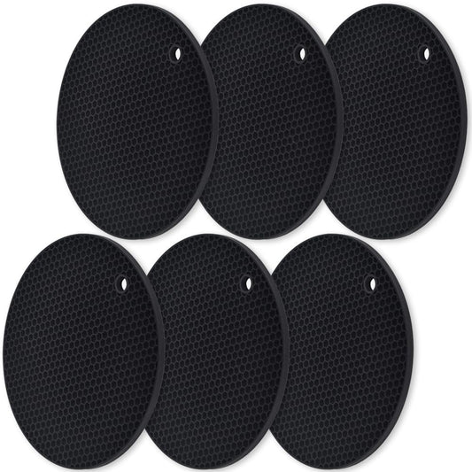 homEdge Silicone Round Trivets, 6 Pack Heat Resistant Non Slip Pot Holders-Black, 7x0.24x7 inches, Food Grade Silicone, Honeycomb Surface Design, Dishwasher Safe, Multipurpose Kitchen Utensil