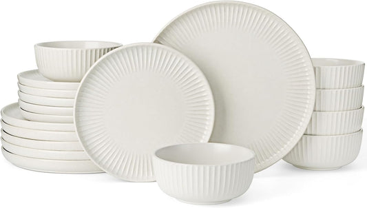 Famiware Starlight Dinnerware Sets, Plates and Bowls Dish Set of 6 (18 Pieces), Ribbed Textured Tableware - Dishwasher & Microwave Safe, Chip Resistant, Reactive Glaze, Matte Reactive White