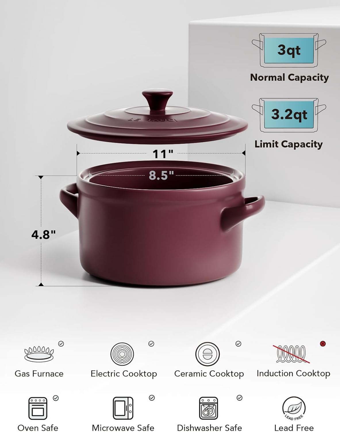 LE TAUCI 3 Quart Ceramic Dutch Oven - Lightweight, Non-Toxic, No Seasoning Needed- Oven, Microwave & Dishwasher Safe, Dutch Oven Pot with Lid for Sourdough, Soup & Stew, Burgundy Red
