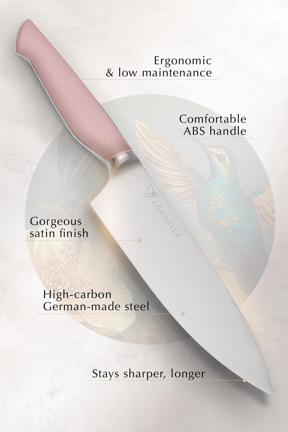 Lordelle Knife Block Set - 5 Piece Set - Rosewood Pink - Lifestyle Home Kitchen Design - German X50 Stainless Steel - ABS Handle - Ash Wood Block - Cooking Chef Knife, Santoku, Paring, Utility