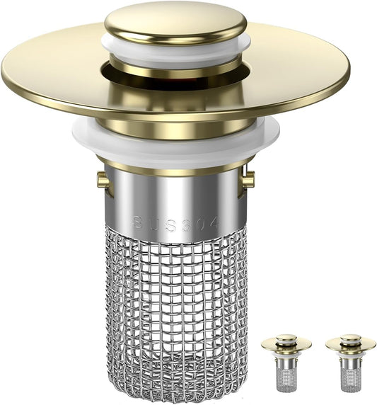 Sink Stopper Hair Catcher, Pop-up Sink Drain Strainer with Removable Stainless Steel Strainer Basket Hair Catcher, Bathroom Sink Strainer for Bathroom Sink Stopper Replacement (Brushed Gold)