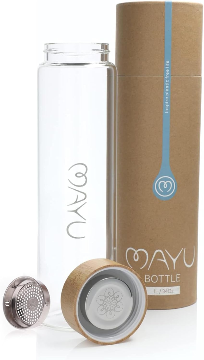 mayu Glass Travel Water Bottle | Sustainable Borosilicate Glass Bottle with Bamboo Lid & Sieve – Plastic-Free, Leak-Resistant Hydration for Home, Gym & On-the-Go (1L)