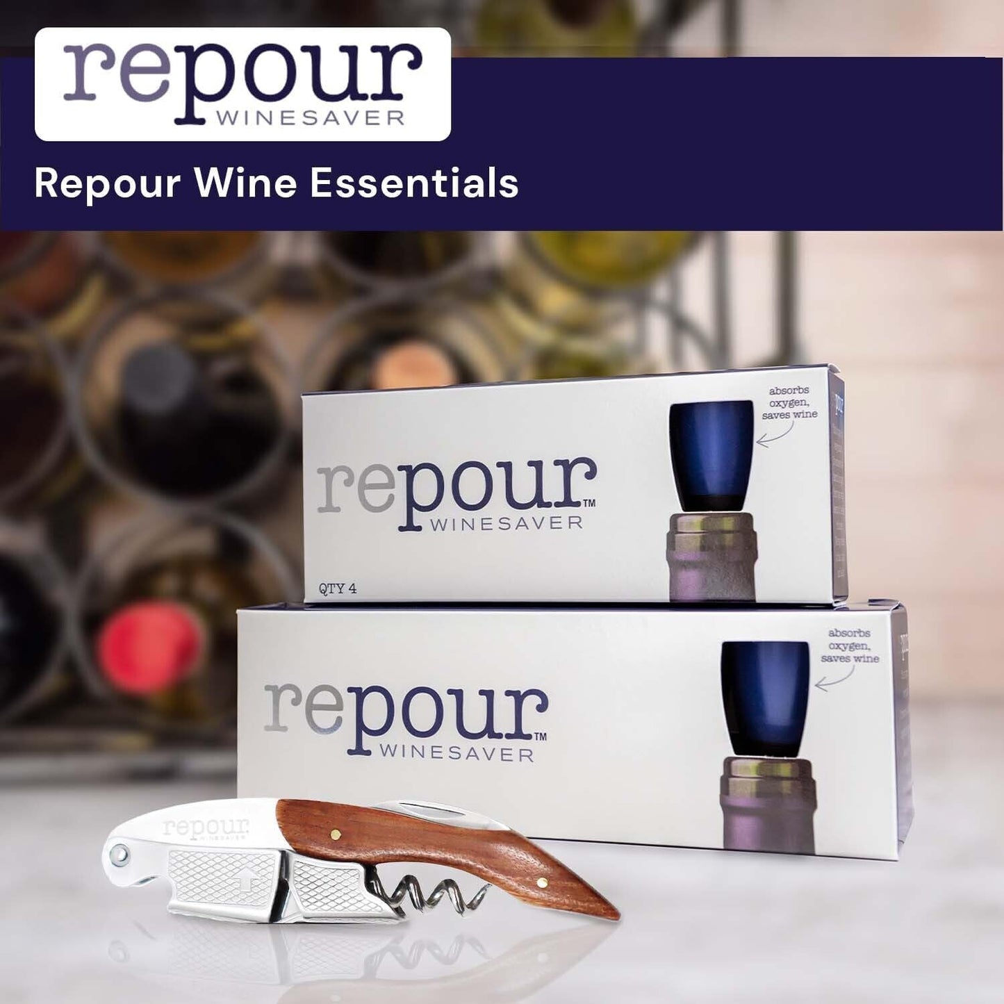 Wine Essentials Combo Pack – Premium Corkscrew & Wine Saver | Manual Wine Key Removes Corks Easily, Wine Stopper Preserves Wine Easily|Perfect for Wine Lovers and Enthusiasts (Rosewood 4 Pack)