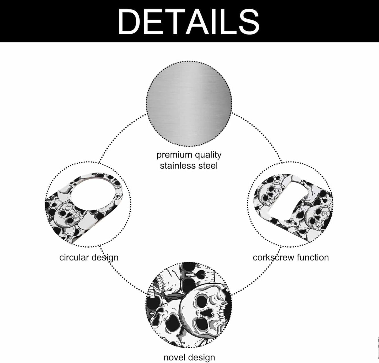 Skull Stainless Steel Bottle Opener Black and White Cranium Grinning Abstract Art Bone Skeleton Flat Beer Bottle Opener Keychain for Home Kitchen Bar Restaurant Party Birthday Gift