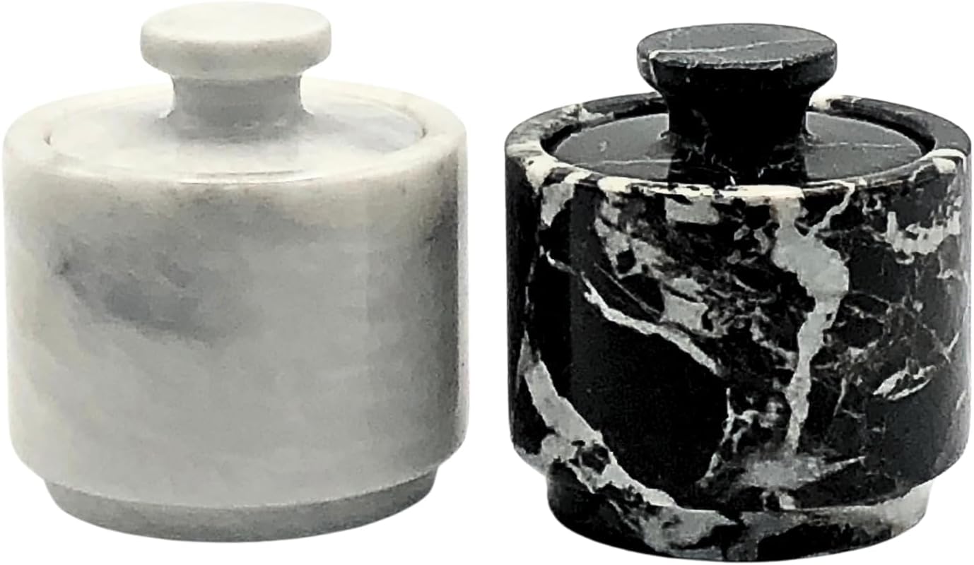 Premium Marble Salt Cellar with Lid 2 Pack | 3.5 oz Kitchen Storage Container | Elegant Cooking Salt Box | Spice Jar Keeper for Counter (White Black Zebra)