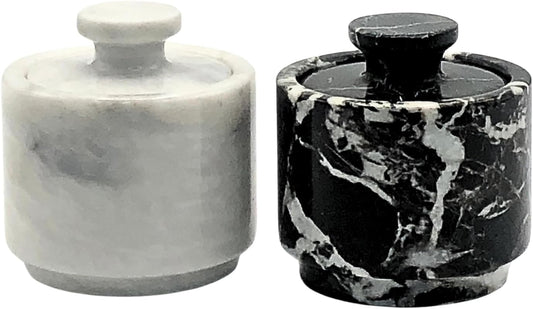 Premium Marble Salt Cellar with Lid 2 Pack | 3.5 oz Kitchen Storage Container | Elegant Cooking Salt Box | Spice Jar Keeper for Counter (White Black Zebra)