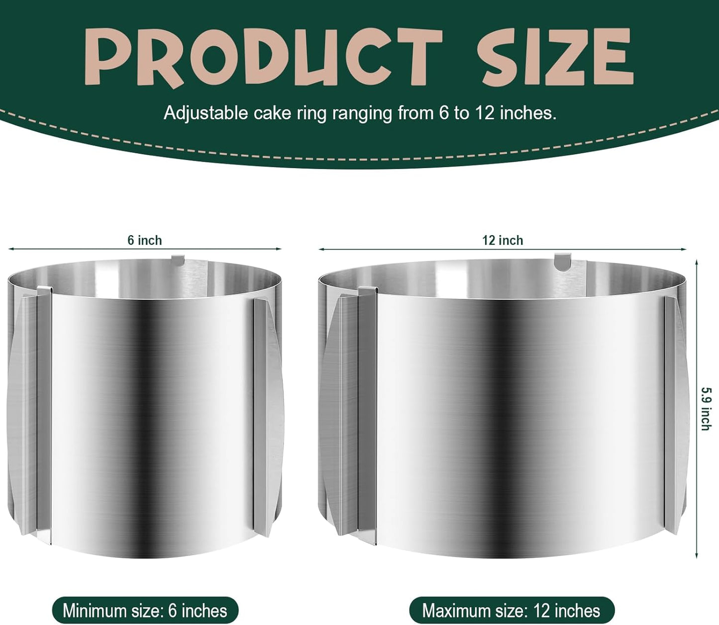 2 Pcs 6-12 Inch Adjustable Cake Mold Ring, 5.91'' High, 6 to 12'' Adjustable Cake Ring Cake Baking Supplies Baking Rings Round Stainless Steel Bakeware Tools with Scaling DIY Baking Mold Tool