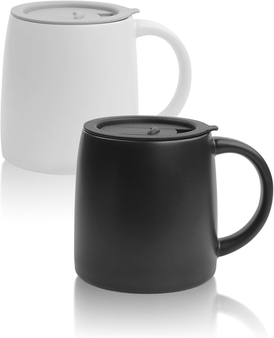 Classic Mug, 14 oz Large Coffee Mug with Handle, Ceramic Porcelain Tea Cup, Smooth Matte (Sliding Lid, Set of 2, White and Black)