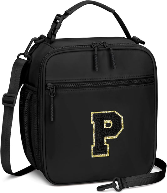 Initial Insulated Lunch Bag for Boys Kids, Back to School Gift, Reusable Leak-proof Lunch Box with Adjustable Strap for School Daycare Travel Picnic（Black，P）