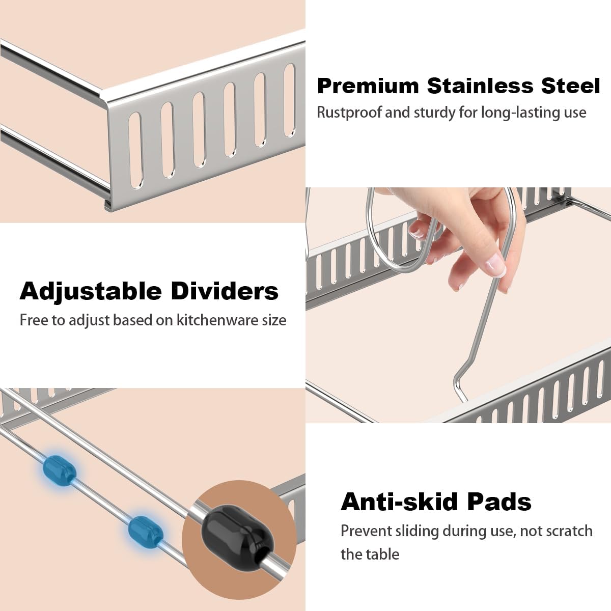 Housolution Pot and Pan Organizer Rack for Cabinet, Pot Lid Organizer with 7 Adjustable Dividers, Pan Holder Storage Rack for Kitchen Cabinet, Silver