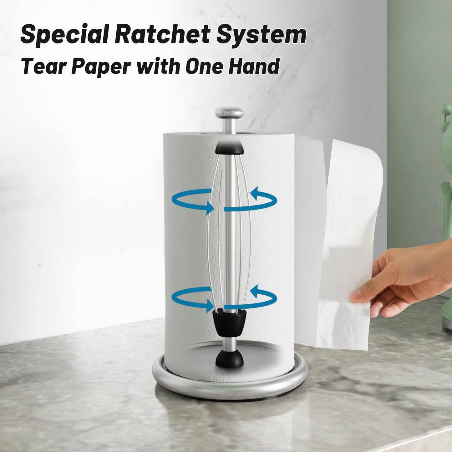 VEHHE Simply Tear Paper Towel Holder Countertop with EVA Non-Slip Pad, Damping Function Paper Towel Stand with Weighted Base for Bathroom and Kitchen (Silver)