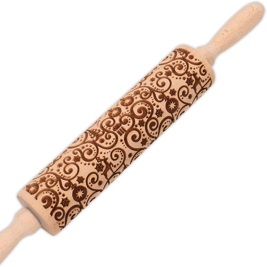 Floral Reindeer Embossed Rolling Pins for Cookies, Wooden Engraved Rolling Pin for Baking, Embossing Rolling Pin with Design, Patterned Rolling Pin Decorative Springerle Mold Stamp Clay Pattern Roller