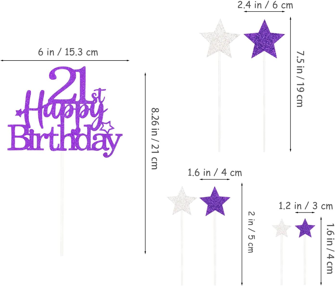 Glittery 21st Happy Birthday Cake Topper with Star,Personalised 21 Birthday Cake Toppers Party Decorations Party Supplies for Boys Girls Purple Silver