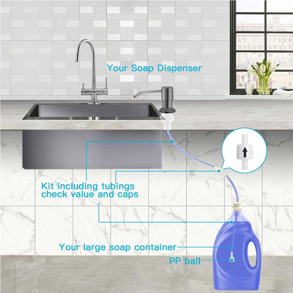 Dish Soap Dispenser for Kitchen Sink, Countertop Sink Soap Dispenser Water Pump with 47” No-Spill Extension Tube Kit Design for Kitchen Bathroom, No More Refills （Gray）