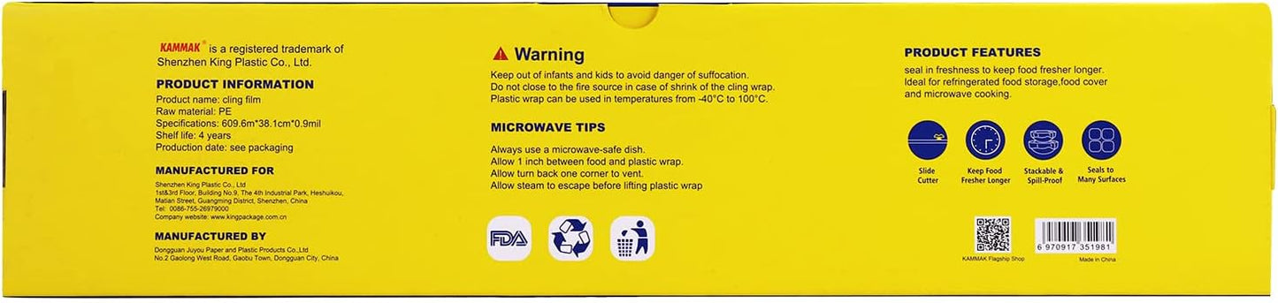 KAMMAK Plastic Wrap Food Cling Wrap with Slide Cutter 15 inch Restaurant Cling Film 2000 Ft Bulk Roll Refillable Food Service Cling Wrap Dispenser Quick Cut Anti-Fog Cling Film for Kitchen