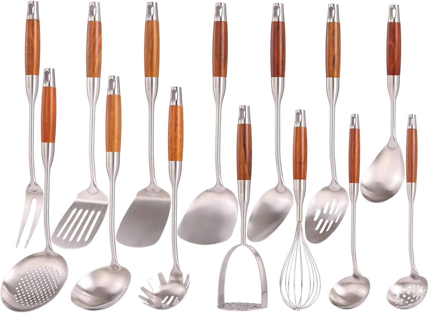 18/10 Stainless Steel Kitchen Utensils Set with Wooden Handle - 14 PCS Metal Cooking Tools & Serving Utensil, Large and Small Spoons Set - Whisk, Masher, Fork, Spatula, Turner, Ladle, Skimmer, Pasta