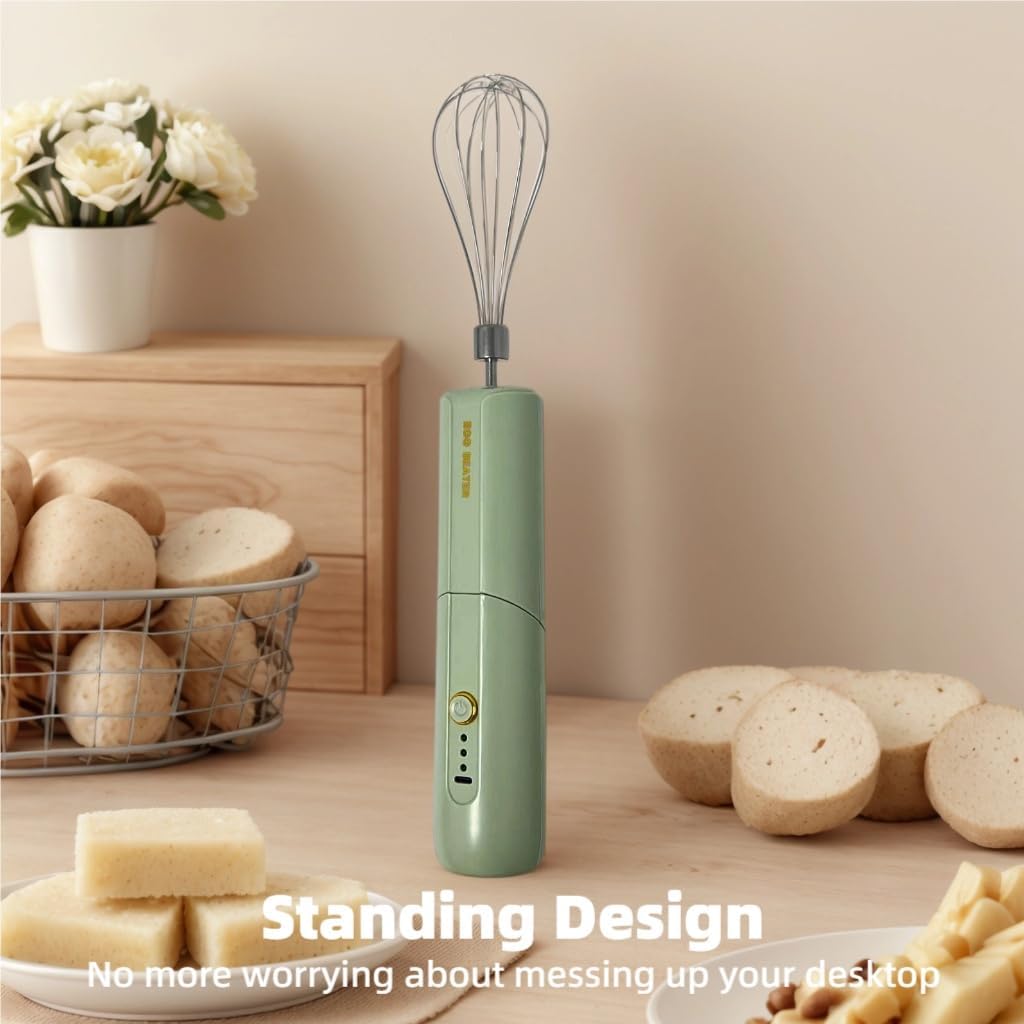 Cordless Hand Mixer, Foldable Design Handheld Electric Whisk with 3 Speed Modes, Hand Held Egg Beater with 2 Detachable Stir Whisks (Green)