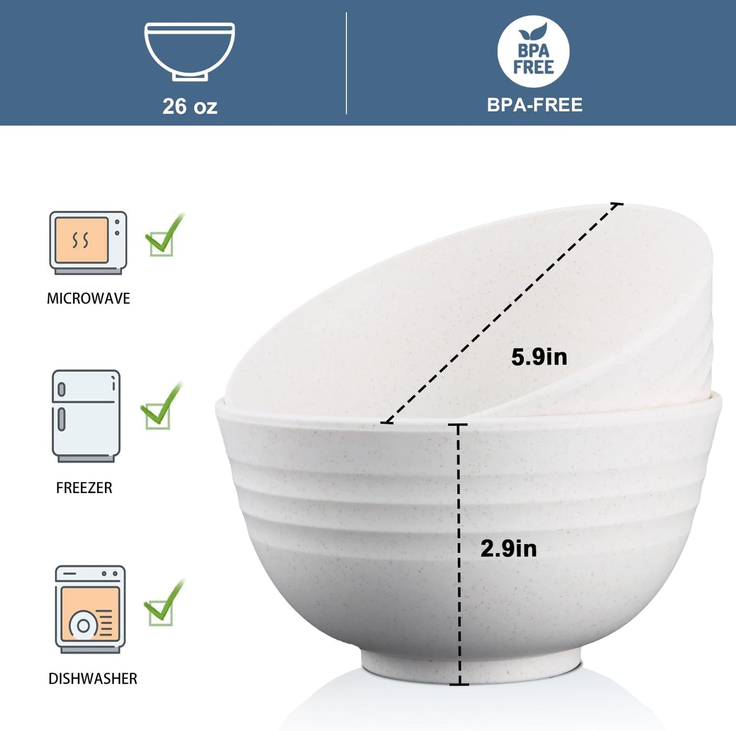 Wheat Straw Bowls Set of 8, Unbreakable White Cereal Bowl 26OZ, Microwave and Dishwasher Safe Oatmeal Bowls, Kitchen Bowl Suitable for Cereal,Salad,Snack (White)