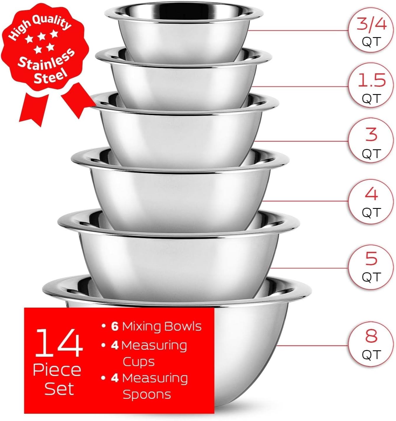 EATEX Stainless Steel Mixing Bowls with Measuring Cups & Spoons Set of 14 - Dishwasher Safe Nesting Mixing Bowl Set for Cooking, Baking & Meal Prep Non-Slip Premium Bowls