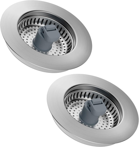 Hibbent 2 Pack 3 in 1 Kitchen Sink Drain Strainer, Stainless Steel Wrapped Shell Drain Stopper Combo, Pop Up Sink Stopper, Anti-Clogging Metal Basket Strainer with Handle for US Standard 3-1/2" Drain
