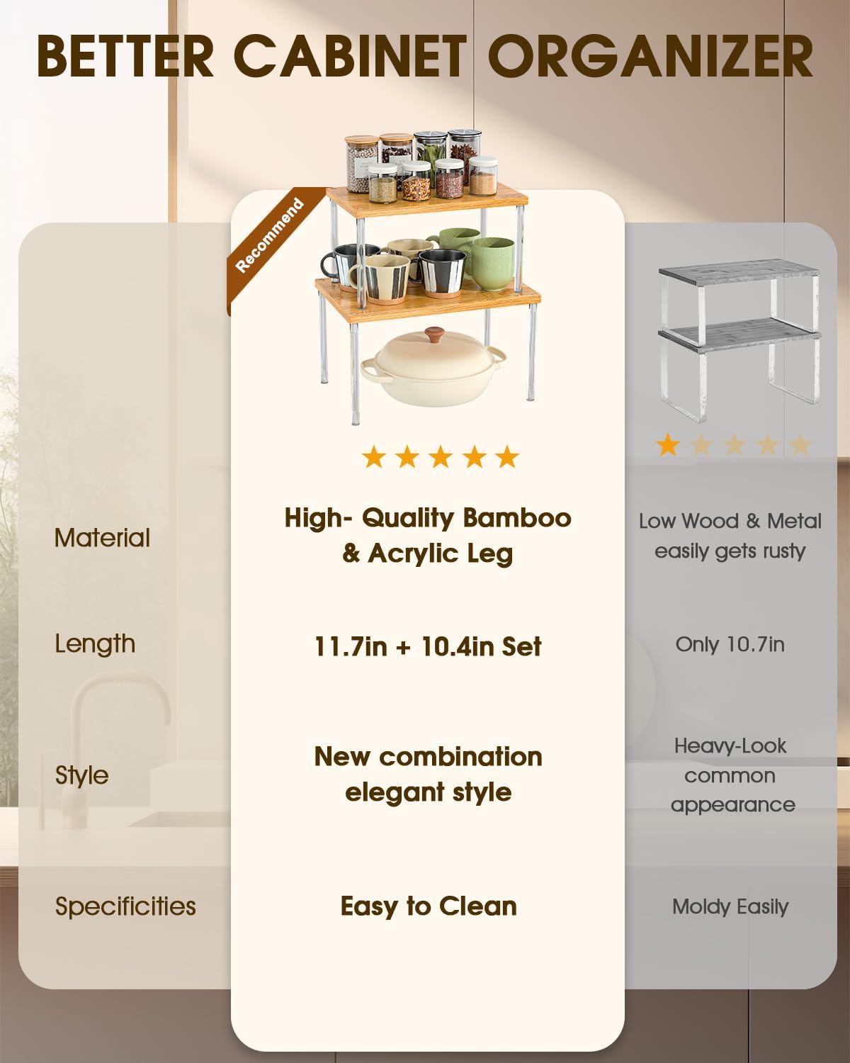 Jolitac Cabinet Organizer Shelf - Set of 2 Clear Acrylic Spice Rack, Stackable Pantry Storage Shelves for Kitchen Counter, Bathroom, Desk - Multi-Purpose Bamboo Space Saving Shelves, Easy Assembly