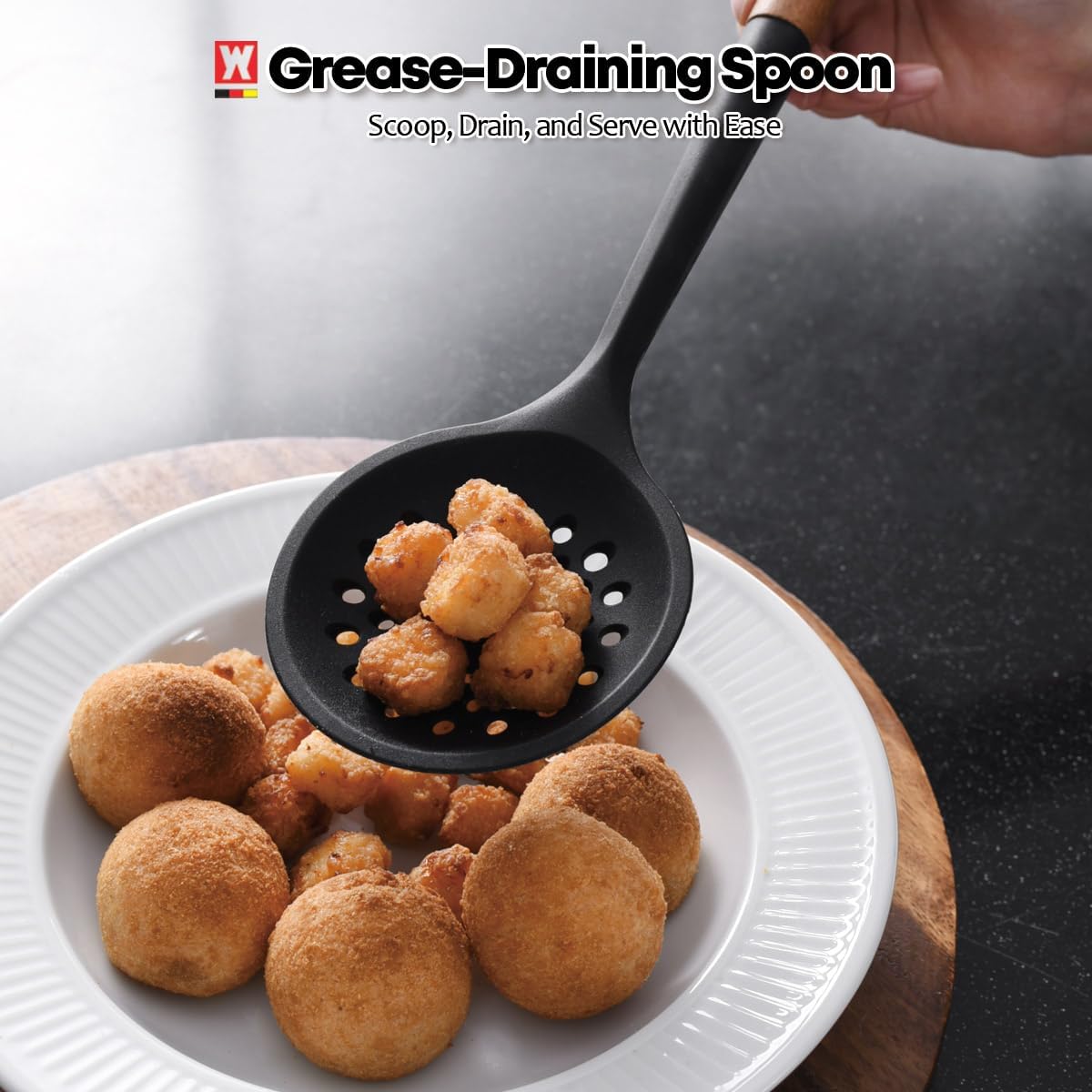 Silicon Cooking Skimmer Ladle with Wooden Handle: Slotted Cooking Spoon for Deep Frying Food, Food Separator, Heat Resistant, BPA Free, Gentle Head Design for Non-Stick Cookware