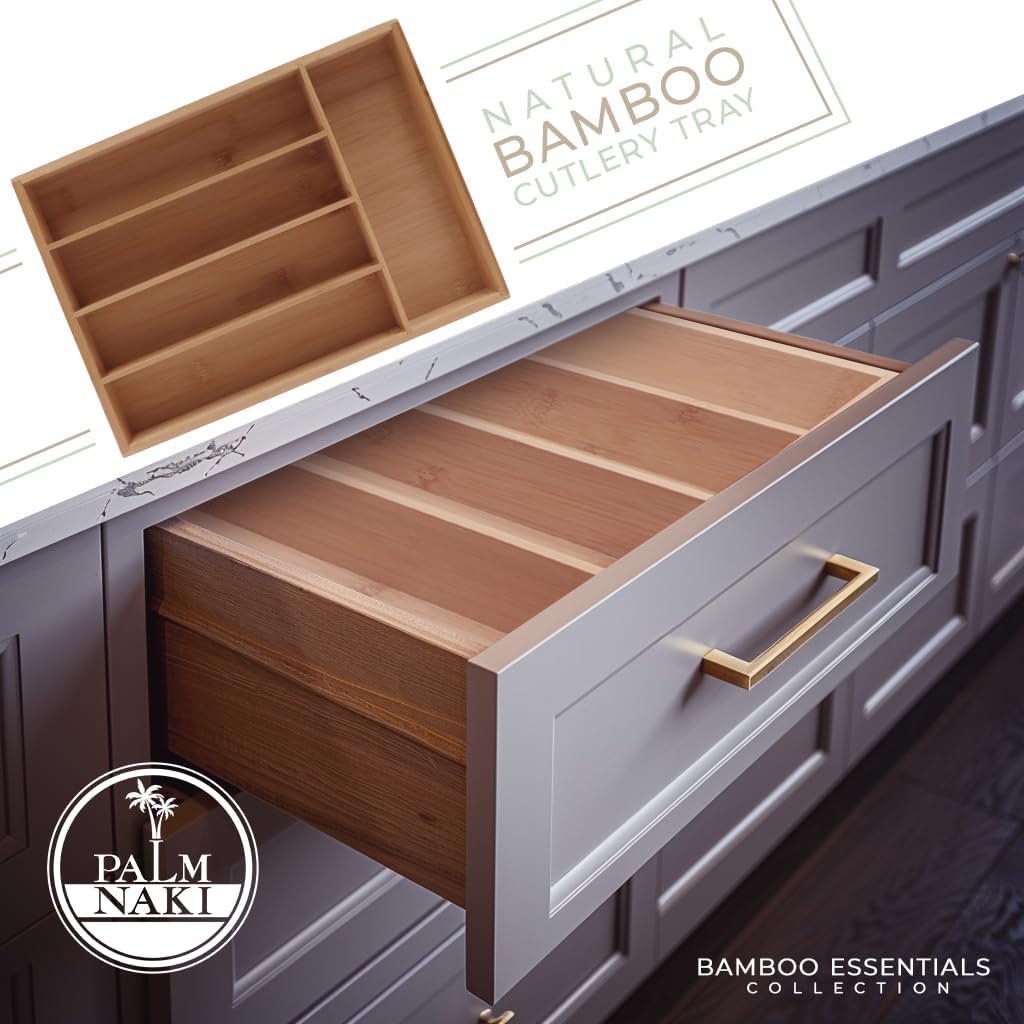 PALM NAKI Silverware Organizer Premium Bamboo Cutlery Organizer Tray - Kitchen Drawer Organizer for Silverware, Utensils - Flatware Organizers - Kitchen Organization (Natural Classic, 5 Slots)