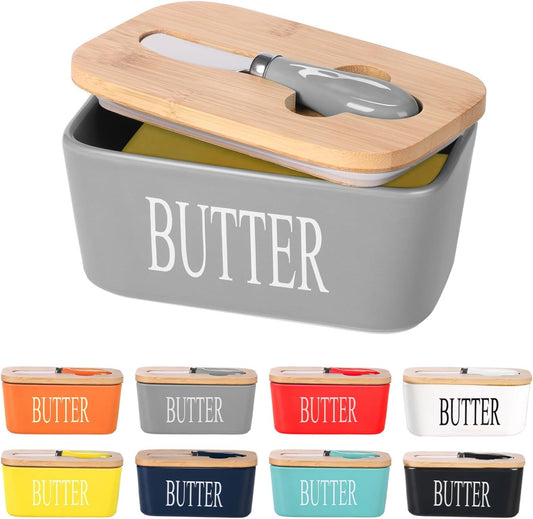 Ceramic Butter Dish with Wooden Lid, Large Butters Container Keeper Storage with Stainless Steel Knife Spreader, Bamboo Cover and Silicone Sealing Ring for West East Coast, Grey