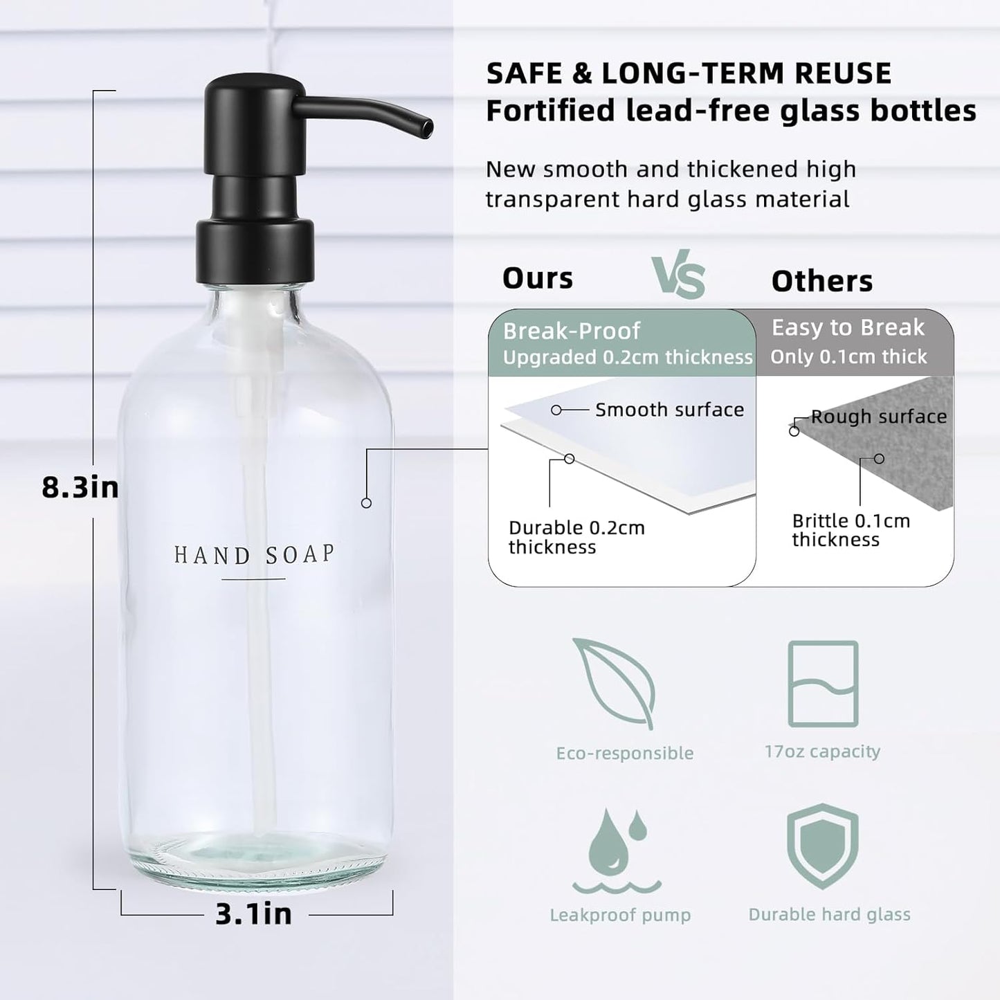 Glass Soap Dispenser - Dish Hand Soap Dispenser for Kitchen, Bathroom Soap Lotion Dispenser with 304 Rust Proof Pump, Tray, Clear Bottle/Black Pump