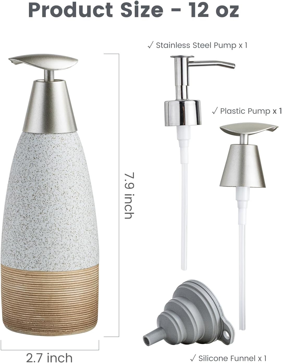 12oz Dish Soap Dispenser with Plastic Pump & Stainless Steel Pump for Hand Soap, Shampoo, Lotion, Conditioner, Ceramic Refillable Soap Bottle with Silicone Funnel for Bathroom, Kitchen, Speckled White