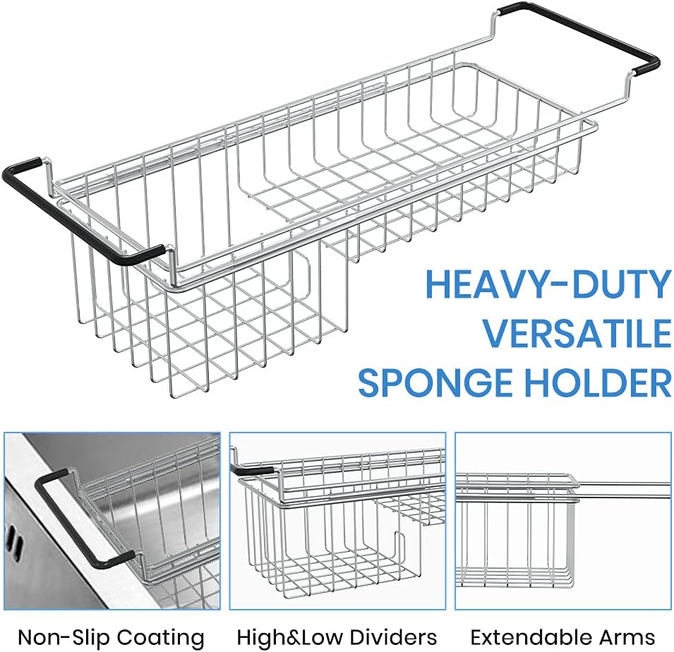 Sink Caddy Sponge Holder Kitchen Sink Organizer Sponge Caddy Expandable 16.06" to 21.02" Farmhouse In-sink Accessories for Rag Detergent Brush Dish Washing Liquid Rack, Stainless Steel