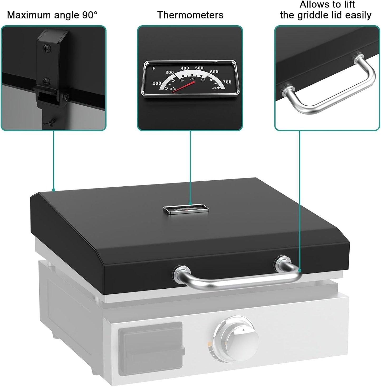 Upgraded Griddle Hinged Lid for 17" Blackstone 1971 1832 1814 1900 1650 1819 2142 1945 1939 1867 and More, Hard Cover Hood with Thermometer for Blackstone 17 Inch Griddle Accessories